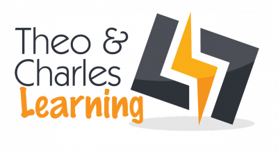 Theo & Charles Learning  logo. Lightening breaking out of the box or moving from fixed mindset to growth mindset.